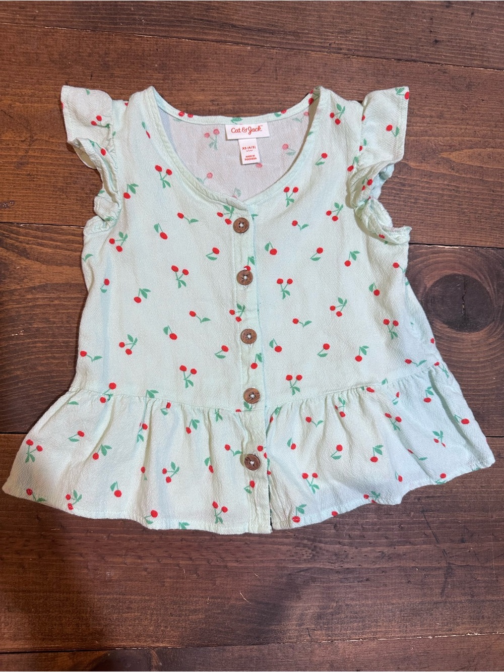 Cat & Jack Mint Green Cherry Print Button-Front Ruffle Top